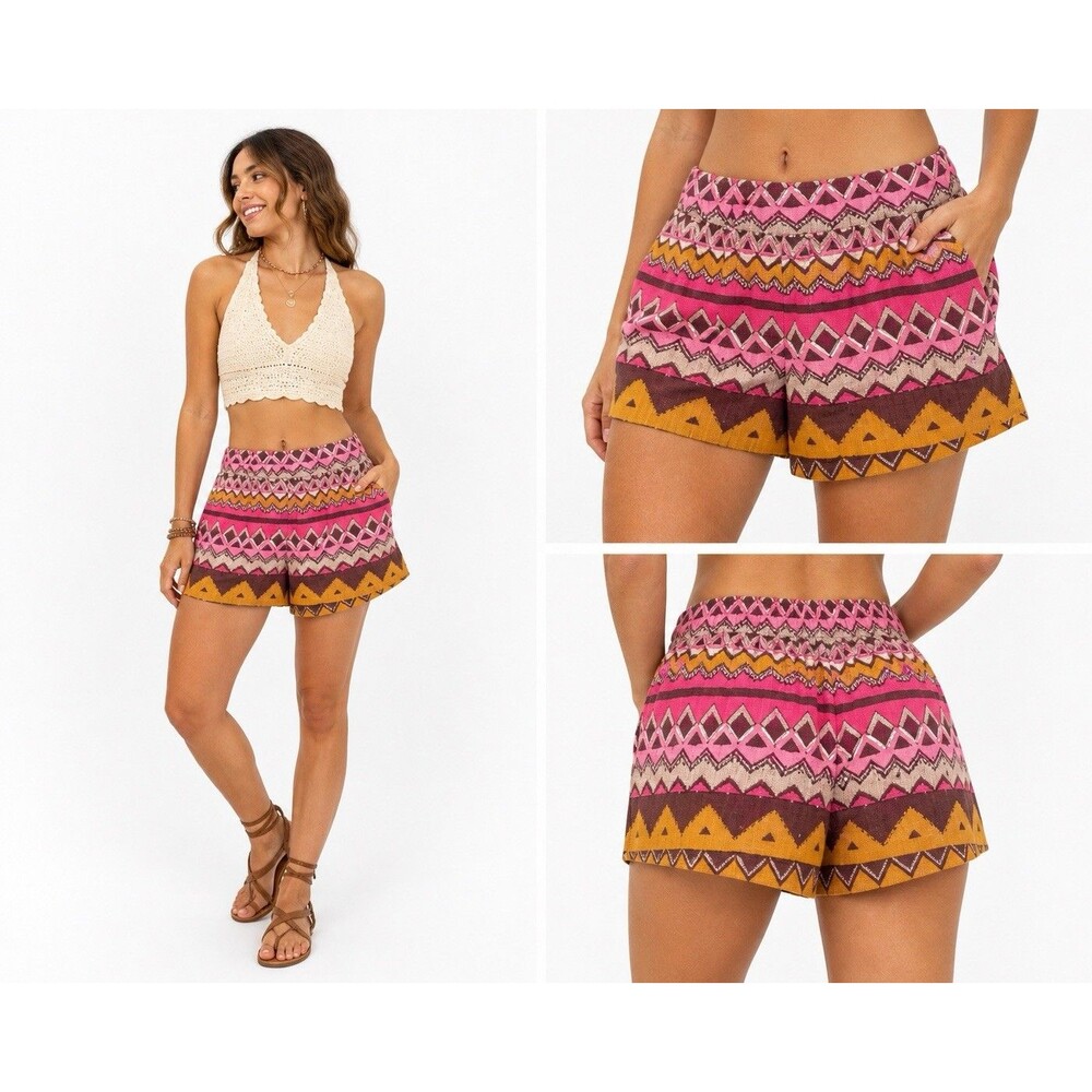 LOFT Womens Boho Tribal Linen Shorts Pink Brown Elastic Waist Size 00 Coachella